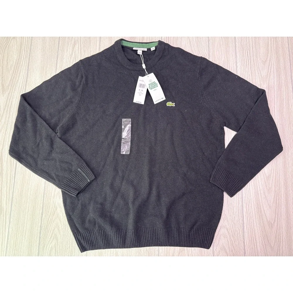 Lacoste Mens Regular Fit Wool Crew Neck Sweater Black Size XL New With Tags